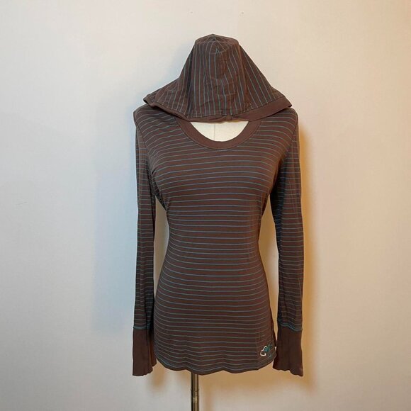 Vintage Y2K Roxy Striped Long Sleeve Hoodie Shirt | Brown & Teal | Womens Size M - Picture 2 of 8